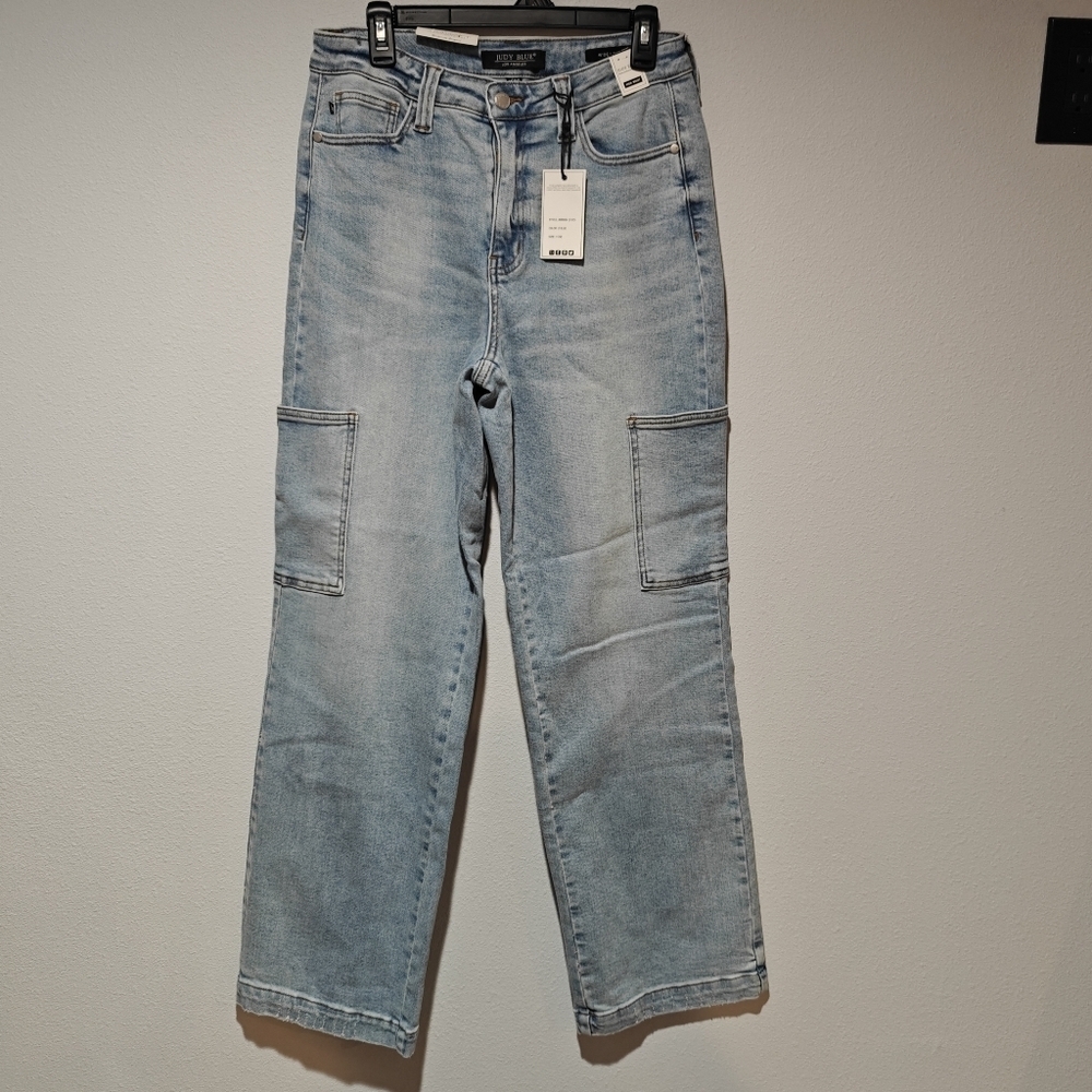 NWT Judy Blue Wide Leg Cargo Jeans Size 11 / 30 High Waisted Light Wash - Picture 2 of 9
